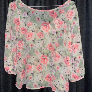Lovely Day Floral print, semi shear blouse w/ bow in the back